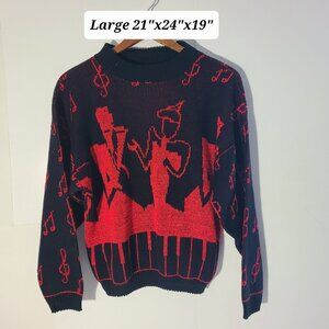 Vintage 80s/90s La Venture Jazz/Piano Black Red Womens Large Sweater Made in USA